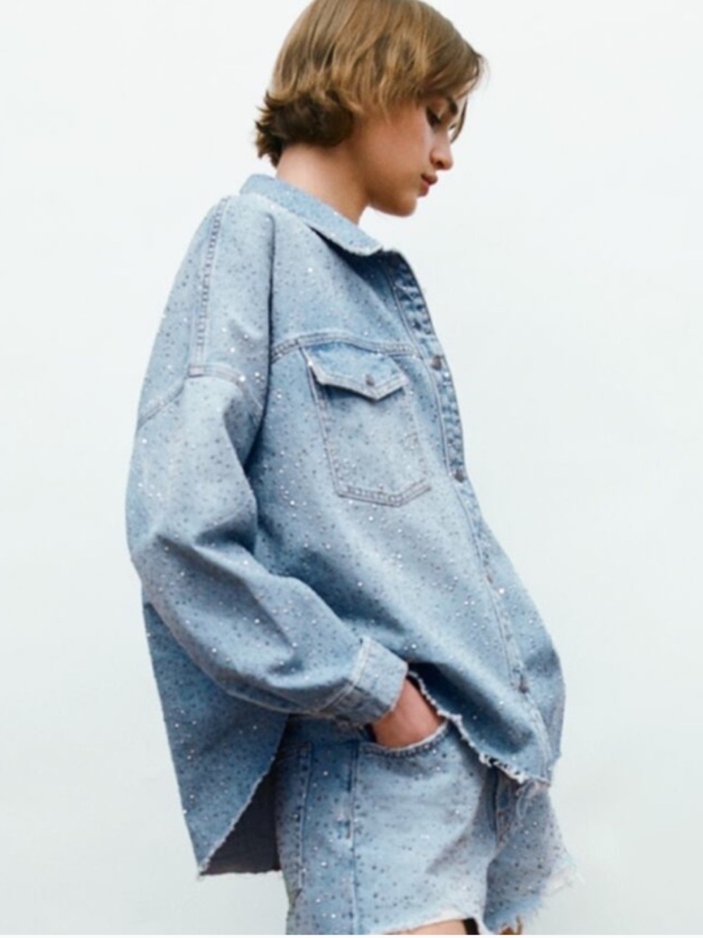 Zara Speckled Strass Blue Denim Jacket